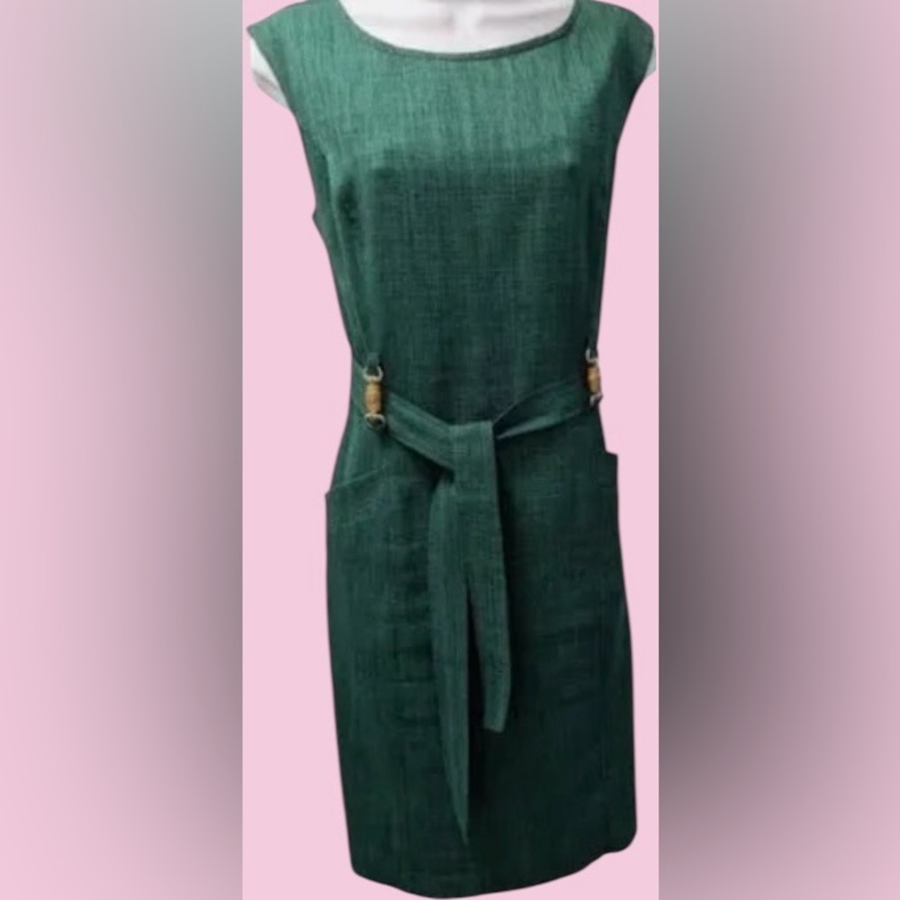 Ellen Tracy Green Belted Sheath Midi Dress - Size 4
